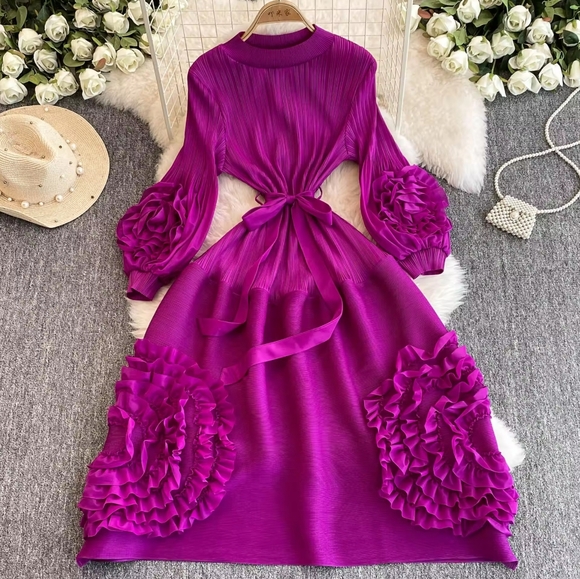 Women's Pleated Lace Elegant Temperament Lace Up Puff Sleeves High Waisted Dress - Picture 7 of 10